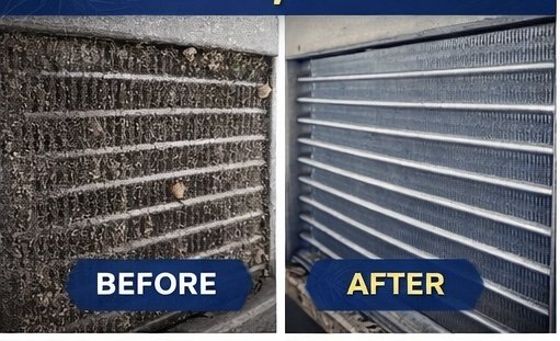Condenser coil before and after professional cleaning by Smith Refrigeration