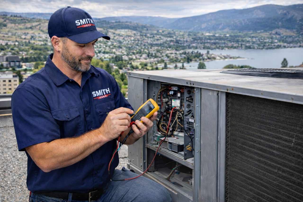 Smith Refrigeration technician servicing a commercial rooftop HVAC unit overlooking the Okanagan Valley