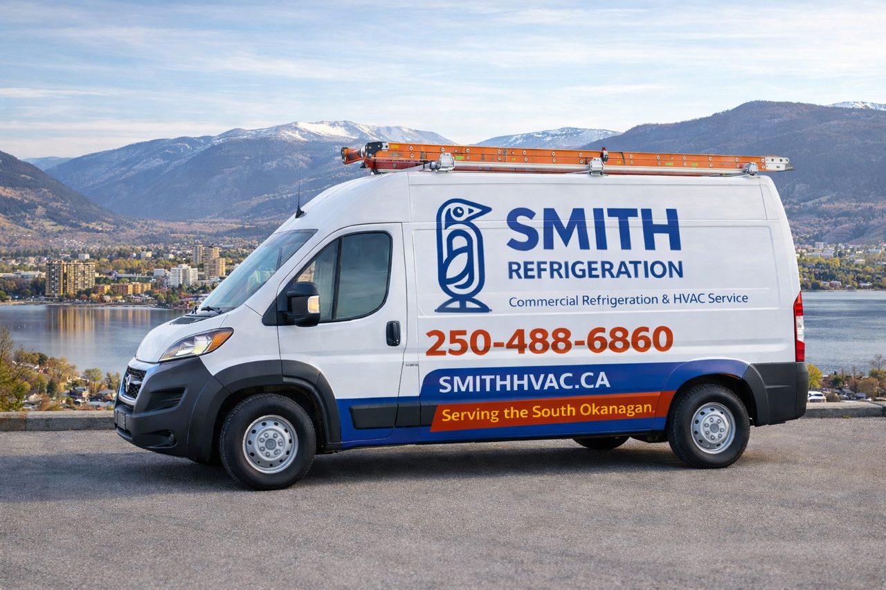 Smith Refrigeration service van overlooking Penticton and Okanagan Lake